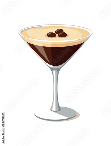 Flat vector illustration of an espresso martini glass silhouette with coffee beans garnish shapes no branding isolated on pure white slightly style clean 2D shapes no outlines minimal