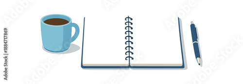 Flat vector illustration of coffee and notebook desk still life with mug blank notebook pages and pen isolated on pure white slightly style clean 2D shapes no outlines minimal details