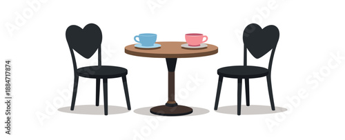 Flat vector illustration of café patio set with two chair silhouettes small table and two cups isolated on pure white slightly style clean 2D shapes no outlines minimal details layered