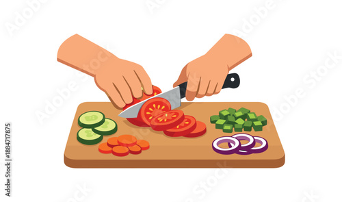 Flat vector illustration of someone slicing vegetables on cutting board hands only isolated on pure white slightly style high quality no texture no grain
