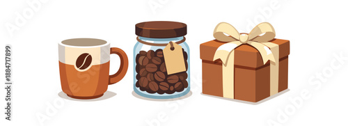 Flat vector illustration of coffee gift set with mug bean jar and wrapped box with ribbon isolated on pure white slightly style high quality no texture no grain