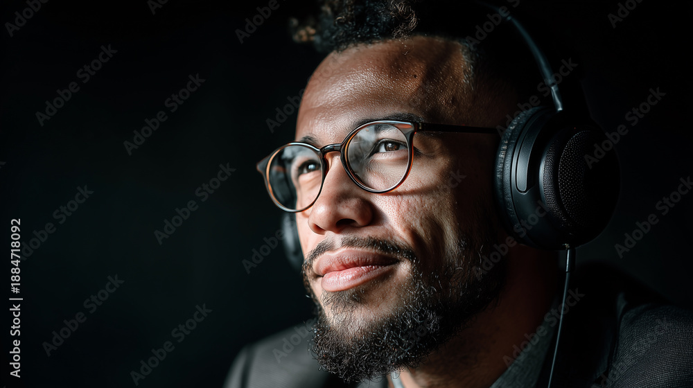 Obraz premium Confident male podcast host in headphones speaking into microphone in modern recording studio atmosphere