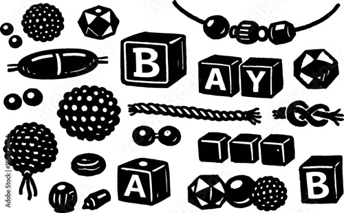 Hand drawn linocut style close up toy blocks and beads scattered baby playroom tabletop with bold black silhouette textured edges whimsical