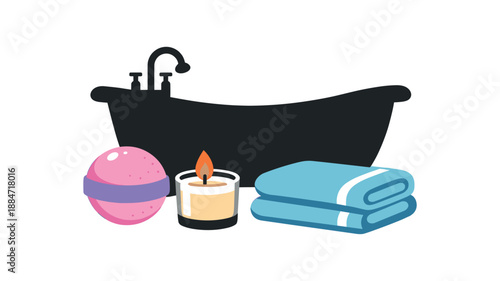 Flat vector illustration of bath time set with tub silhouette bath bomb candle and folded towel isolated on pure white slightly style high quality no texture no grain