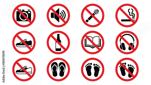 Prohibition warning sign icon set, red no symbols with camera sound smoking footwear alcohol and device restrictions signage.