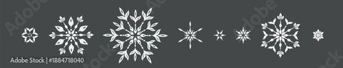 Christmas border with wave of black snowflakes, winter holiday horizontal banner design, decorative floral snow ornament, minimalist New Year greeting card element, vector illustration isolated 