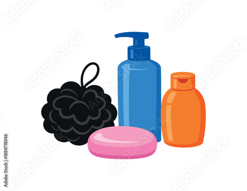Flat vector illustration of shower essentials set with loofah silhouette soap bar and two bottles without labels isolated on pure white slightly style high quality no texture no grain