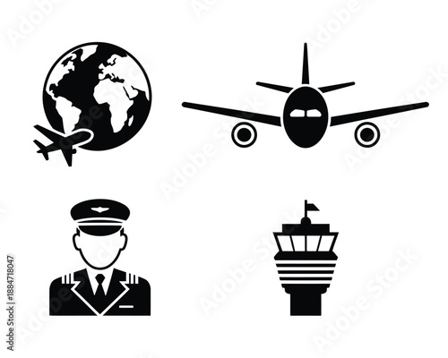 Black and white aviation icon set, airplane globe pilot silhouette and air traffic control tower symbols for travel design.