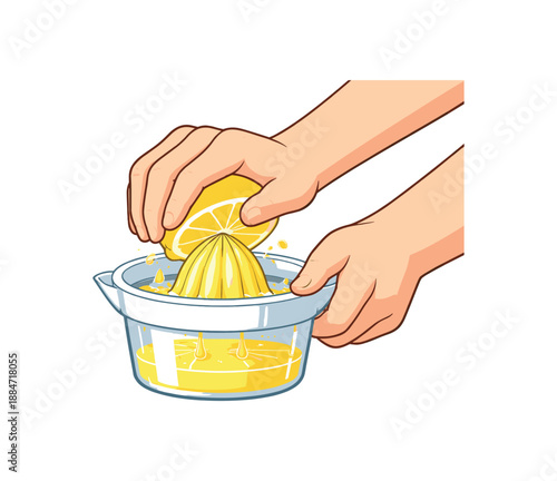 Flat vector illustration of someone juicing lemon with hand juicer hands only isolated on pure white slightly style high quality no texture no grain