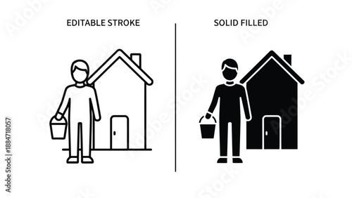 Vector Illustration of Person Painting House in Editable Stroke and Solid Filled Styles