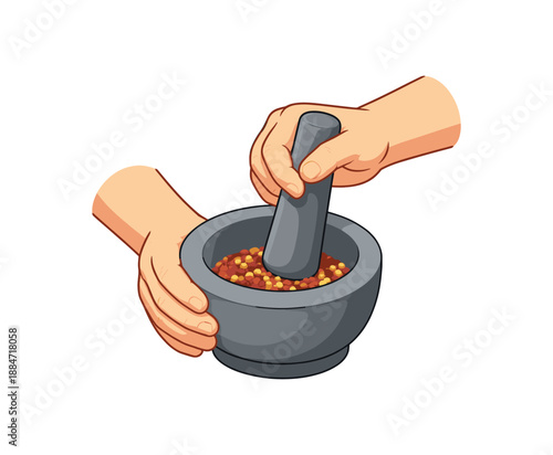Flat vector illustration of someone grinding spices with mortar and pestle hands only isolated on pure white slightly style high quality no texture no grain