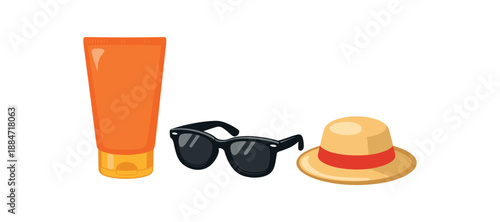 Flat vector illustration of sunscreen beach kit with sunscreen tube without label sunglasses and small hat isolated on pure white slightly style high quality no texture no grain