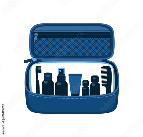 Flat vector illustration of travel toiletry pouch open with bottles toothbrush and comb silhouettes isolated on pure white slightly style high quality no texture no grain