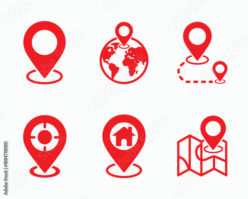 Location Icon Map Pin Set Outline, minimalist map markers with globe route target house and navigation symbols for interface design.
