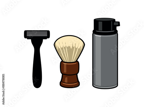Flat vector illustration of shaving kit set with razor silhouette brush and foam can without label isolated on pure white slightly style high quality no texture no grain