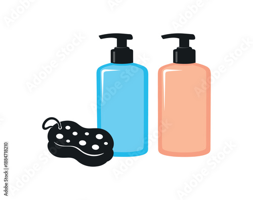 Flat vector illustration of body lotion and body wash duo with pump bottles without labels and sponge silhouette isolated on pure white slightly style high quality no texture no grain