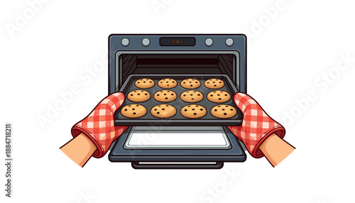 Flat vector illustration of someone taking cookies of the oven with mitts hands only isolated on pure white slightly style high quality no texture no grain