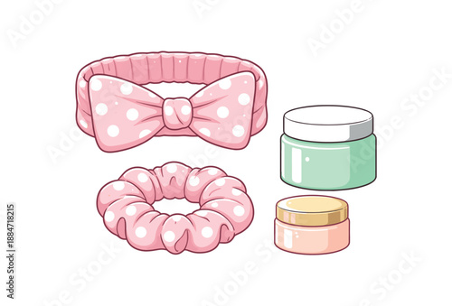 Flat vector illustration of spa headband and scrunchie set with skincare jars without labels isolated on pure white slightly style high quality no texture no grain