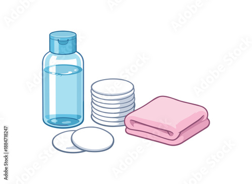 Flat vector illustration of makeup removal set with micellar water bottle without label cotton pads and small towel isolated on pure white slightly style high quality no texture no grain