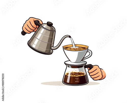 Flat vector illustration of someone making pour over coffee with kettle and dripper hands only isolated on pure white slightly style high quality no texture no grain
