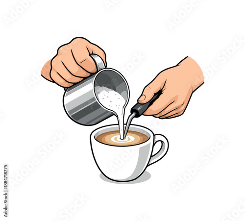 Flat vector illustration of someone frothing milk with pitcher over cup hands only isolated on pure white slightly style high quality no texture no grain