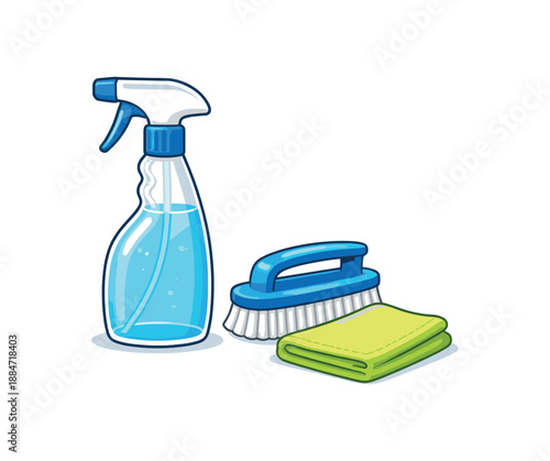 Flat vector illustration of bathroom cleaning set with spray bottle without label brush and microfiber cloth isolated on pure white slightly style high quality no texture no grain