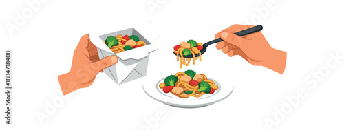 Flat vector illustration of someone opening takeout container and transferring food to plate hands only isolated on pure white slightly style high quality no texture no grain