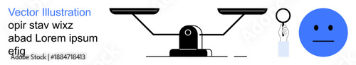 Legal systems, decision-making, analysis, emotion assessment, impartiality, inspection. Balance scales, magnifying glass neutral face. Legal systems and decision-making concept