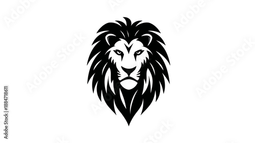 A stylized black and white lion face centered against a stark white backdrop