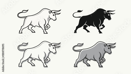 Vector Illustration of a Charging Bull in Various Styles