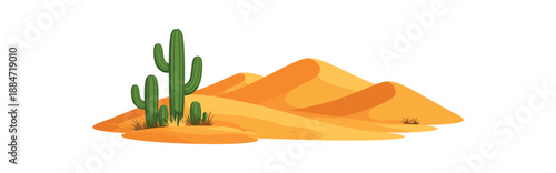 Flat vector illustration of desert landscape with dunes silhouettes and cactus group isolated on pure white slightly style high quality no texture no grain