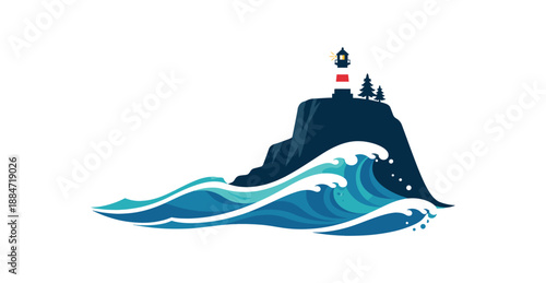 Flat vector illustration of seaside cliff silhouette with waves shapes and lighthouse isolated on pure white slightly style high quality no texture no grain