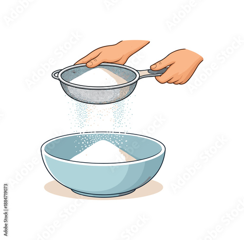 Flat vector illustration of hands sifting flour through sieve into bowl isolated on pure white slightly style high quality no texture no grain