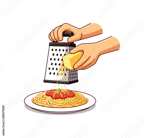 Flat vector illustration of hands grating cheese over plate isolated on pure white slightly style high quality no texture no grain