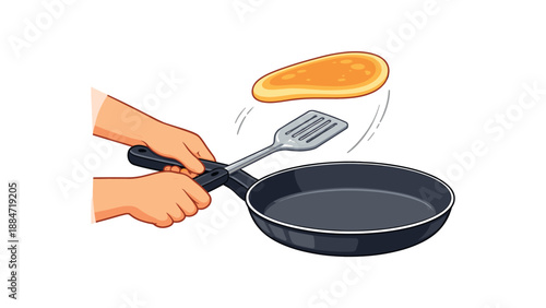 Flat vector illustration of hands flipping pancake frying pan isolated on pure white slightly style high quality no texture no grain