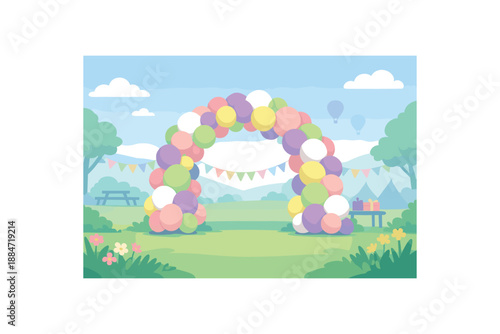 Flat vector background illustration of quiet spring holiday balloon arch setup with balloon silhouettes and soft haze style clean 2D shapes no outlines minimal details matte colors layered