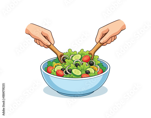 Flat vector illustration of hands tossing salad bowl with tongs isolated on pure white slightly style high quality no texture no grain