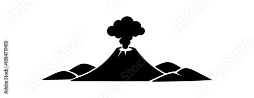 Flat vector illustration of volcano silhouette with calm smoke puff shape and surrounding hills isolated on pure white slightly style high quality no texture no grain