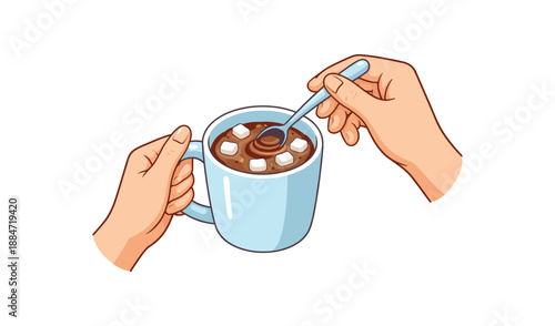 Flat vector illustration of hands stirring cocoa mug with spoon isolated on pure white slightly style high quality no texture no grain