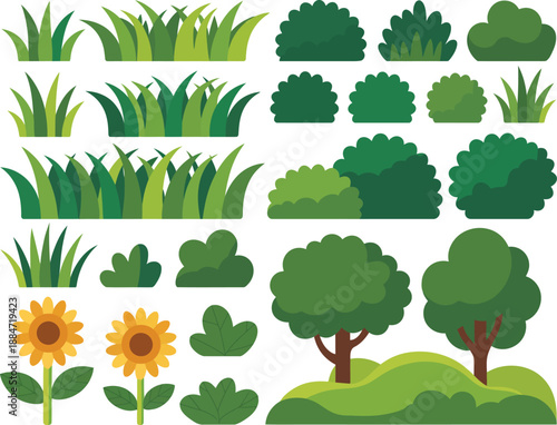 green grass, trees, Collection of Greenery and Sunflowers in Flat Design
