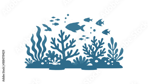 Flat vector illustration of coral reef silhouette with fish shapes and seaweed isolated on pure white slightly style high quality no texture no grain