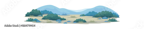 Flat vector illustration of tundra landscape silhouette with low shrubs and distant hills isolated on pure white slightly style high quality no texture no grain