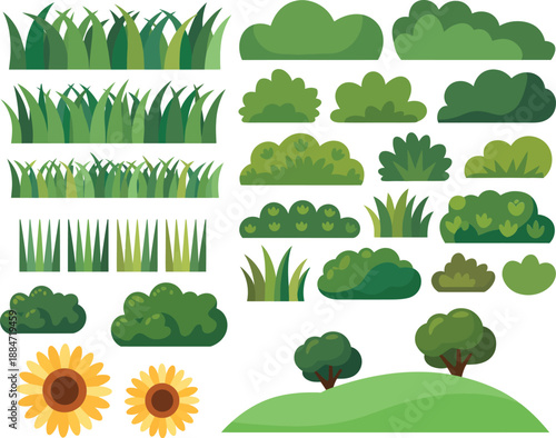 green grass, trees ,Collection of cartoon green grass, bushes, trees, and flowers