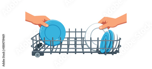 Flat vector illustration of hands loading plates into dishwasher rack isolated on pure white slightly style high quality no texture no grain