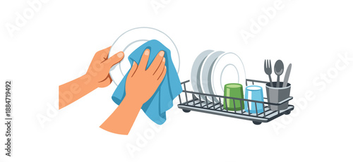 Flat vector illustration of hands drying dishes with towel near drying rack isolated on pure white slightly style high quality no texture no grain