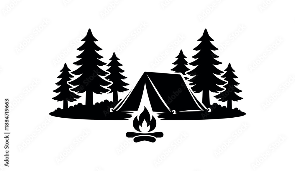 Obraz premium Flat vector illustration of campsite silhouette with tent campfire shape and pine trees isolated on pure white slightly style high quality no texture no grain