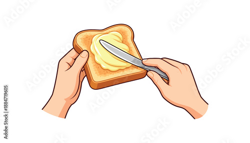 Flat vector illustration of hands spreading butter on toast with knife isolated on pure white slightly style high quality no texture no grain