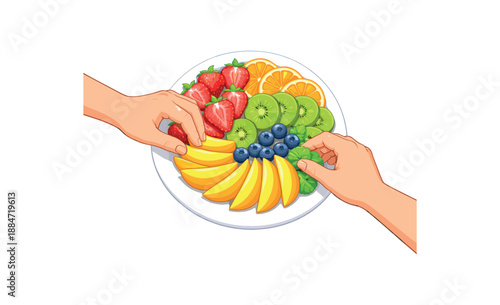 Flat vector illustration of hands arranging sliced fruit on plate neat pattern isolated on pure white slightly style high quality no texture no grain