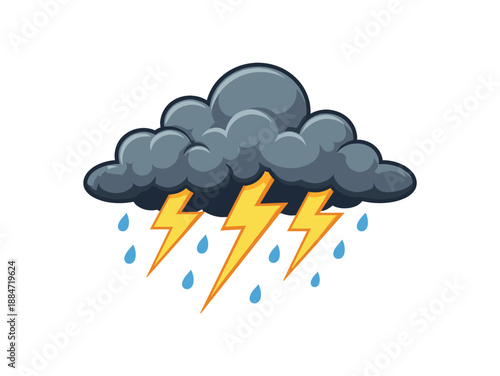 Flat vector illustration of thunderstorm silhouette with cloud shapes and lightning bolt isolated on pure white slightly style high quality no texture no grain