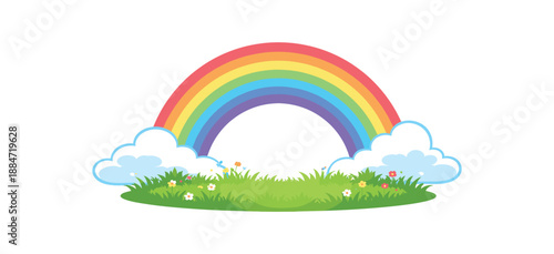 Flat vector illustration of rainbow over meadow silhouette with cloud shapes isolated on pure white slightly style high quality no texture no grain